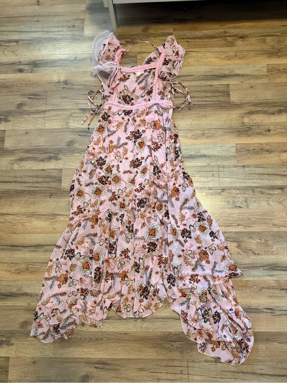 Velvet Pink Floral Maxi Dress with Ruffle Shoulders